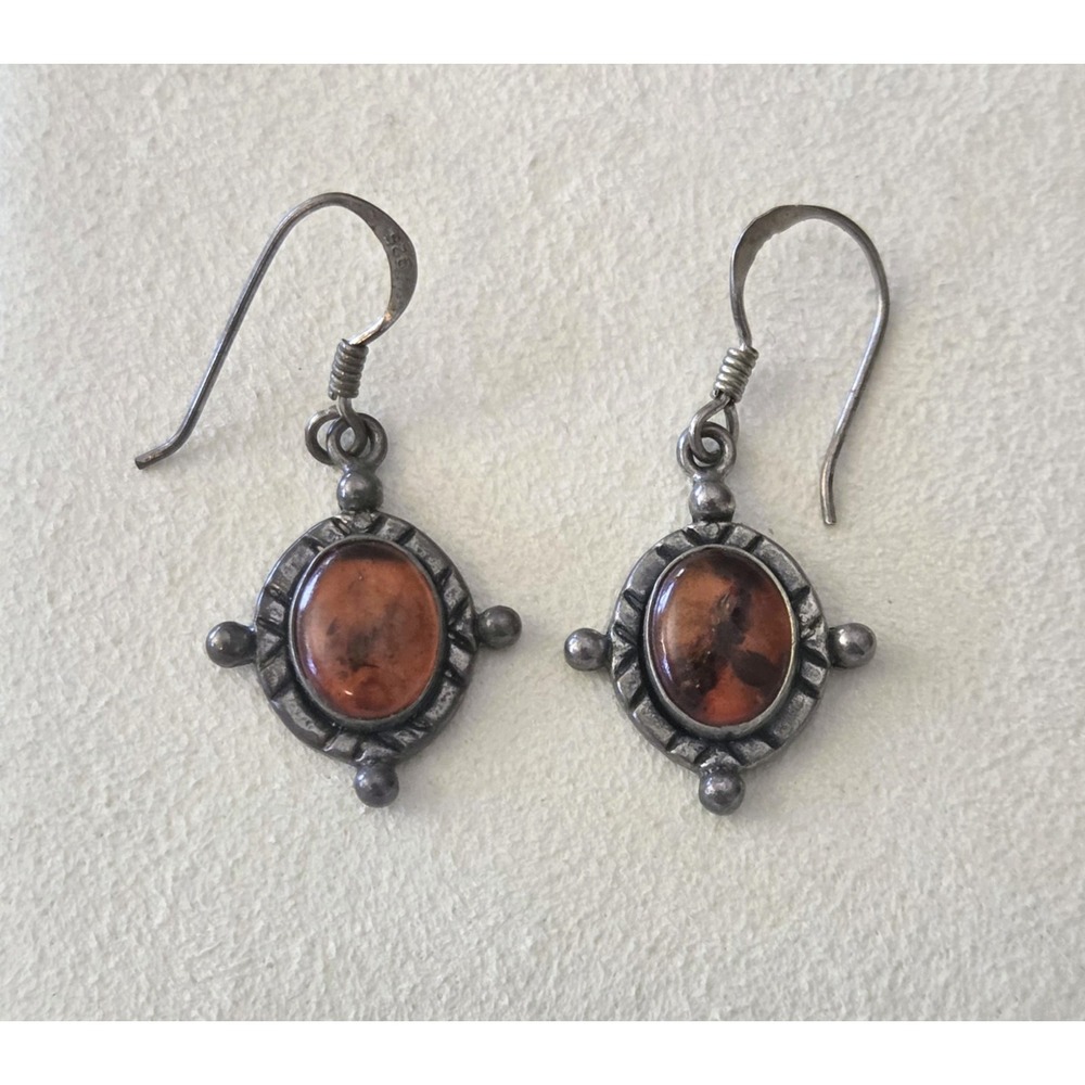 Vintage Sterling Silver 925 Amber Cabochon Gemstone Dangle Earrings Patina 3.81g
